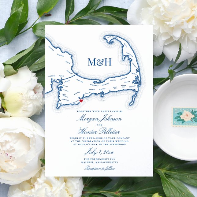 Invitación Popponesset Inn Cape Cod Map Elegant Wedding (Cape Cod Map Invitation with heart over Popponessett Inn - you can move the heart!)