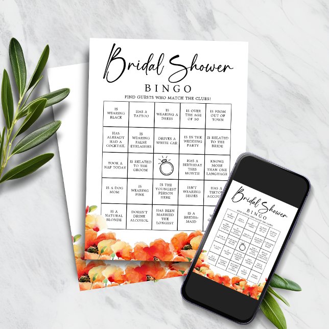Invitación Poppy Find the Guest Bridal Shower Bingo (Poppy Find the Guest Bridal Shower Bingo Game)