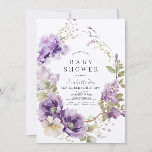 Invitación Poppy morado y Lilac Floral Baby Shower (Anverso)
