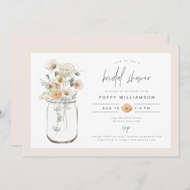 Invitación POPPY Rustic Wildflower Mason Jar Bridal Shower (Anverso / Reverso)