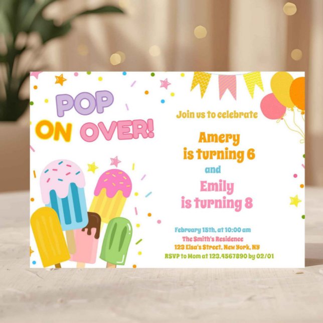 Invitación Popsicle de Verano Cumpleaños Compartido de los Ni (popsicle birthday invite, pop on over invitation, ice cream party invite, summer birthday invite, ki)