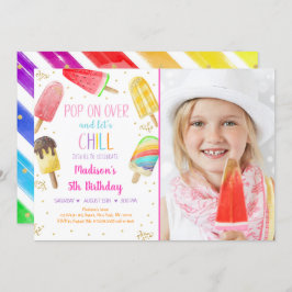 Invitación Popsicle Rainbow Pink Gold Chica Birday