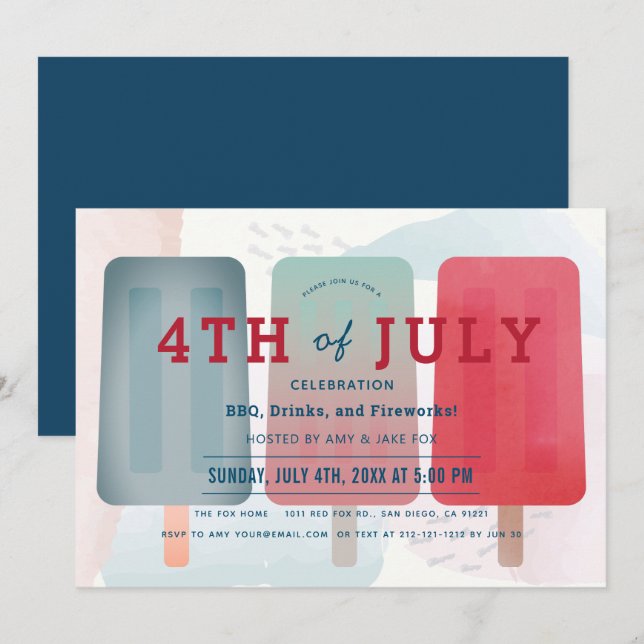 Invitación Popsicle Rojo y Azul 4 de Julio Fiesta (Anverso / Reverso)
