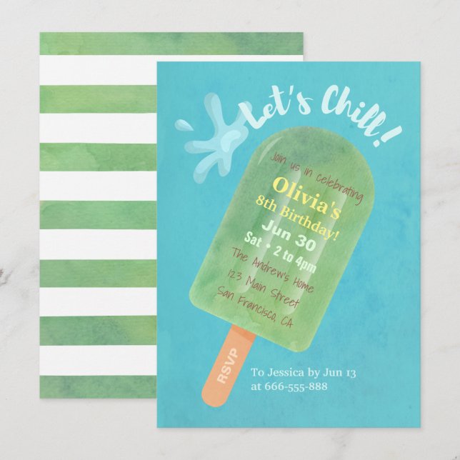 Invitación Popsicle Verde Fresco Fiesta de Cumpleaños de Vera (Anverso / Reverso)