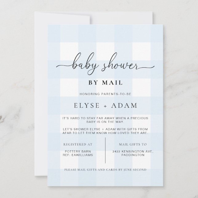 Invitación por correo a Blue Gingham Baby Shower (Anverso)