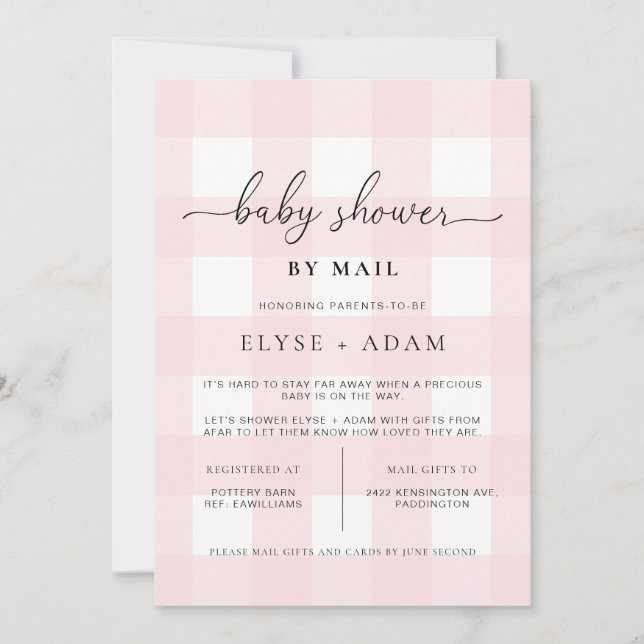 Invitación por correo a Pink Gingham Baby Shower (Anverso)