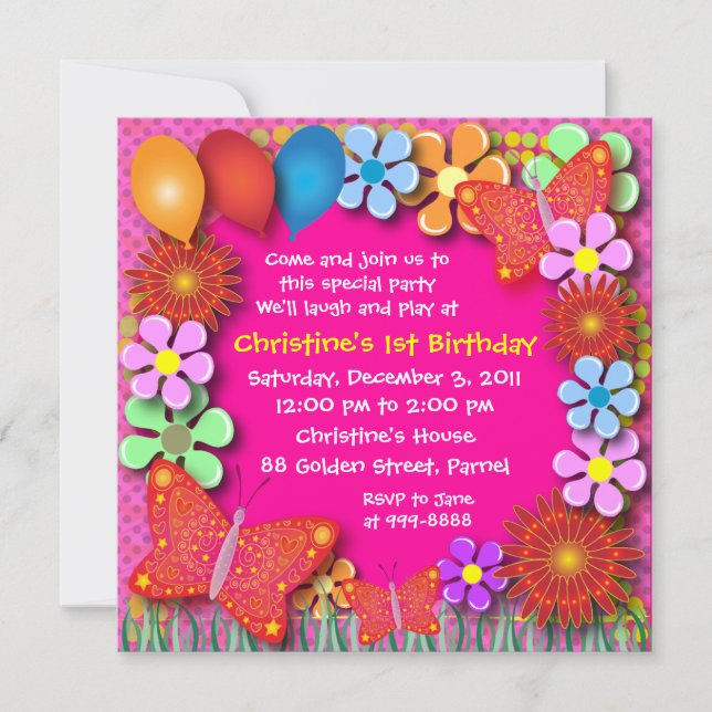 Invitación por cumpleaños: Flores y mariposas 003C (Anverso)