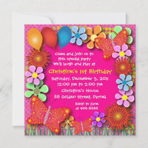 Invitación por cumpleaños: Flores y mariposas 003C