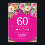 Invitación por cumpleaños número 60 de Floral rosa<br><div class="desc">Invitación de cumpleaños número 60 para mujeres con flor rosa caliente. Flor floral acuarela. Fondo rosa caliente. Rosa, Amarillo, Naranja, Flor Púrpura. Cumpleaños de adultos. 13. 15. 16. 18. 20. 21. 30. 40. 50. 60. 70. 80. 90. 100. Cualquier edad. Para más personalización, haga clic en el botón "Personalizar" y...</div>