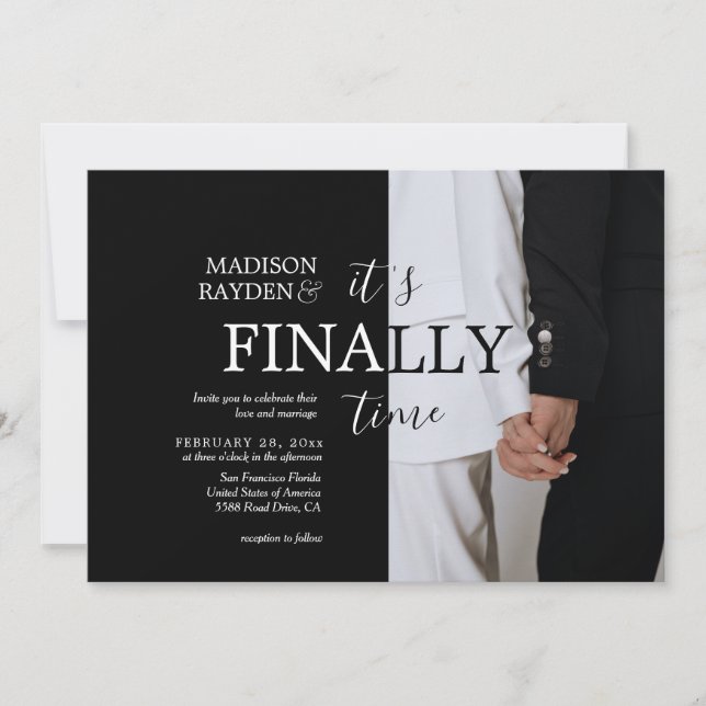 Invitación Por fin es tiempo Boda blanco negro elegante (Anverso)