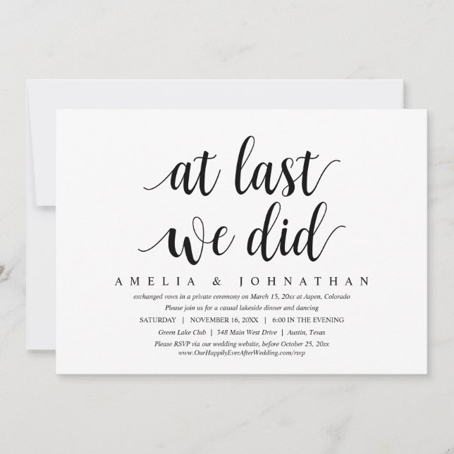 Invitación Por Fin Lo Hicimos, Boda Elopement Dinner (Anverso)