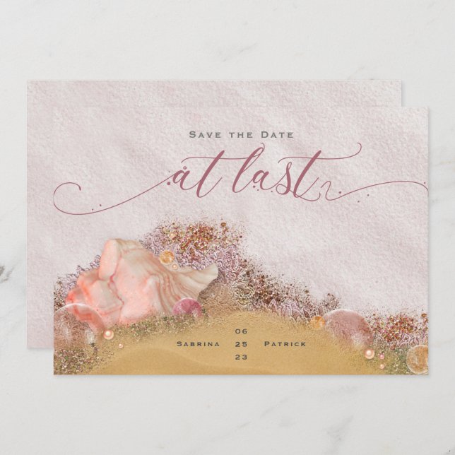 Invitación Por Fin Playa Rosa Arenosa con Conchas Brillantes (Anverso / Reverso)