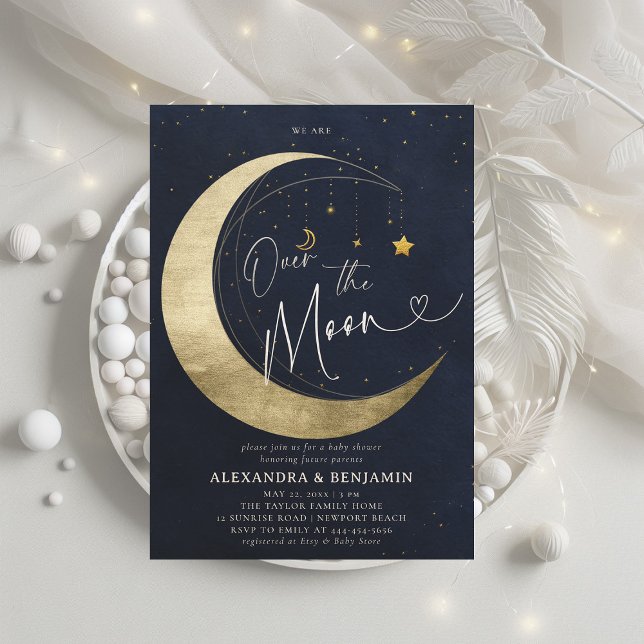 Invitación Por la luna Oro Crescent Creced Baby Boy Shower (over the moon baby shower invitation moon stars watercolor cute coed elegant neutral navy blue)