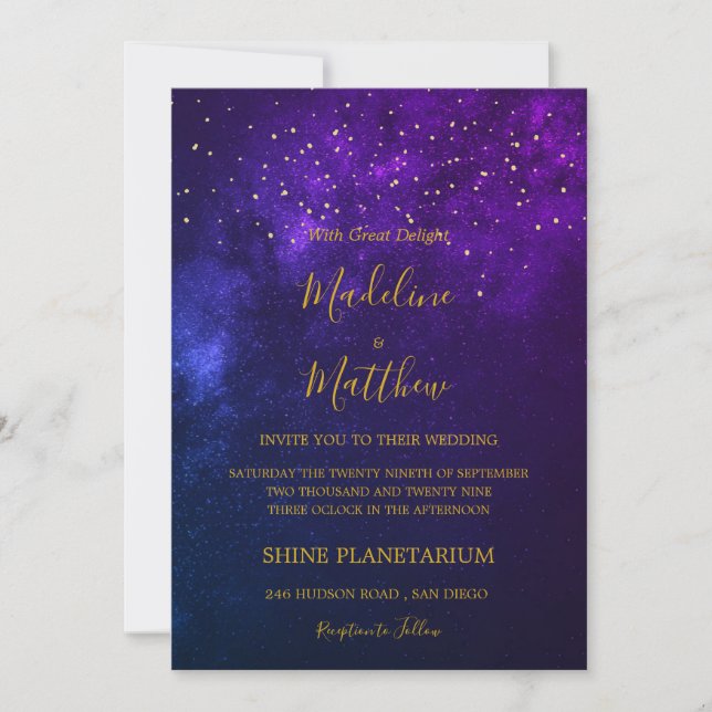Invitación Por la noche Sky Celestial Gold Stars Purple Boda (Anverso)