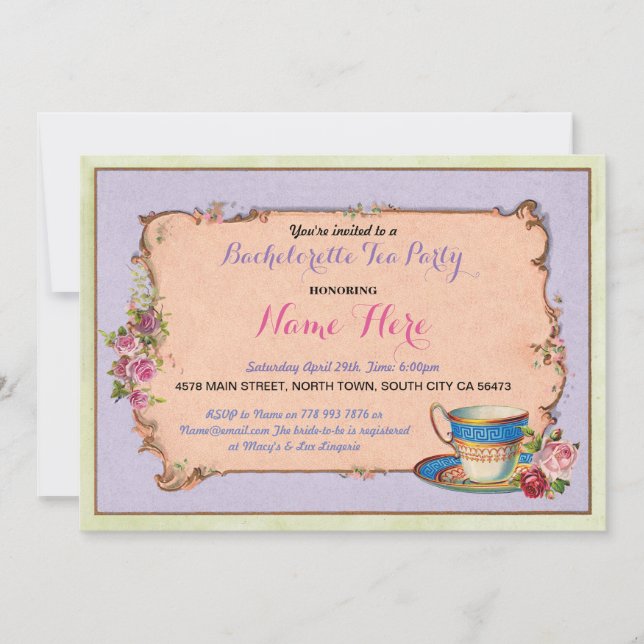 Invitación Por la tarde Fiesta de té Bachelorette Purple Invi (Anverso)