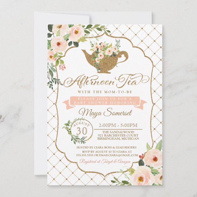Invitación Por la tarde Tea Luxury Rubor Floral Baby Shower (Anverso)