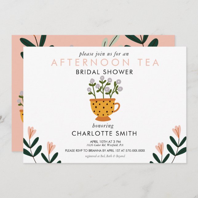 Invitación Por la tarde Tea Pink Floral Bridal Shower (Anverso / Reverso)