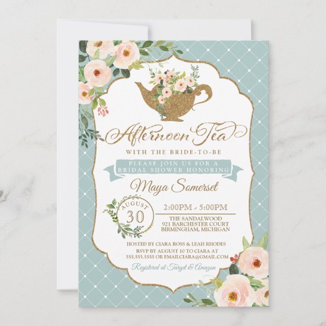 Invitación Por la tarde Tea Turquoise Blue Floral Bridal Show (Anverso)
