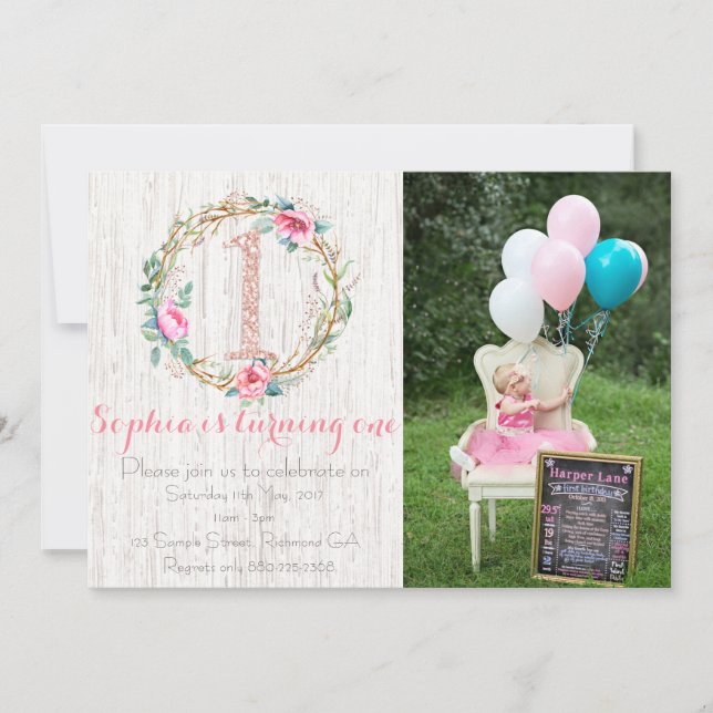 Invitación por primer cumpleaños - Floral acuarela (Anverso)