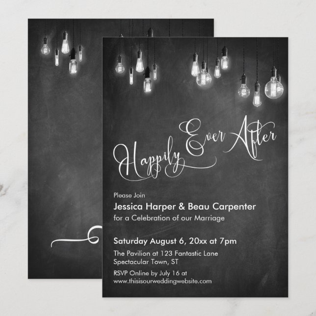 Invitación Por Siempre Felices, Luces de Edison, Pizarra (Anverso / Reverso)