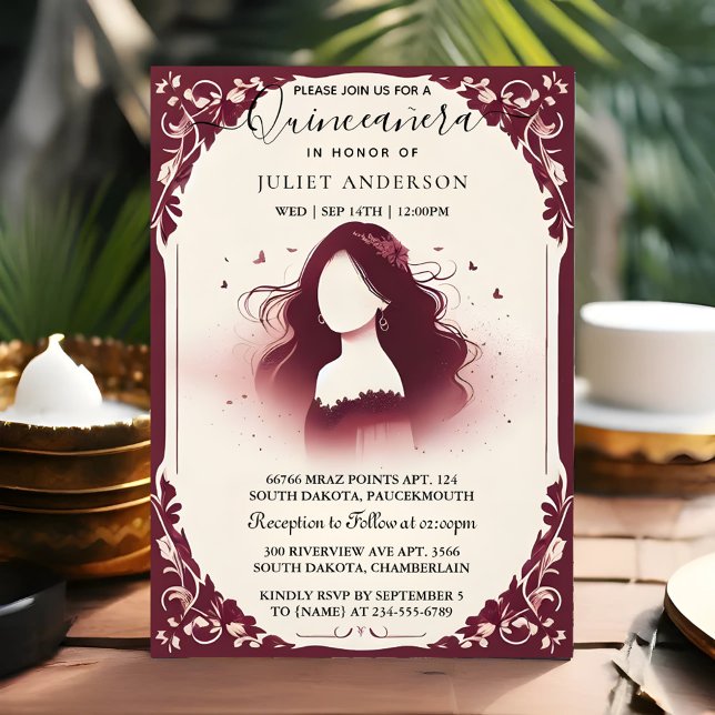 Invitación Por Silver Plum Lace Gown Boho Burgundy Quinceaner (Subido por el creador)