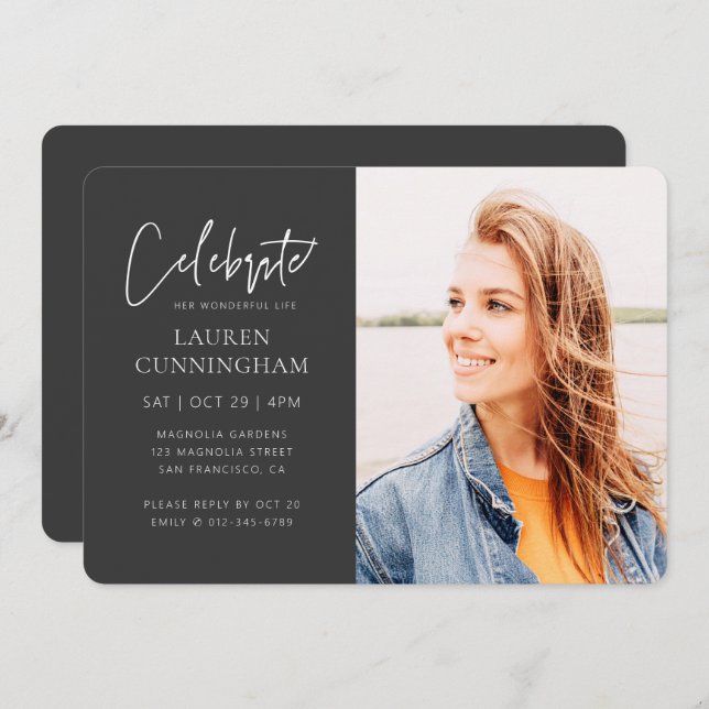 Invitación Por su celebración de la vida moderna y simple fot (Anverso / Reverso)