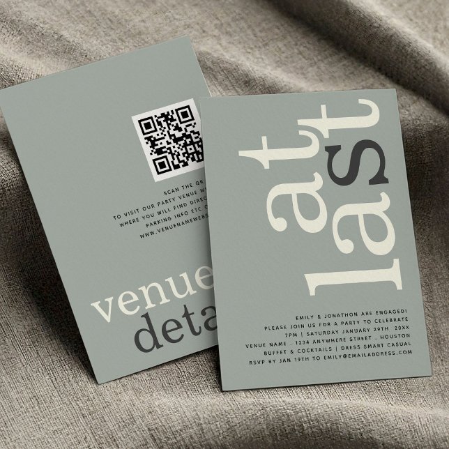 Invitación Por Último QR Code Sage Ivory Engagement Invitació (front and back view)