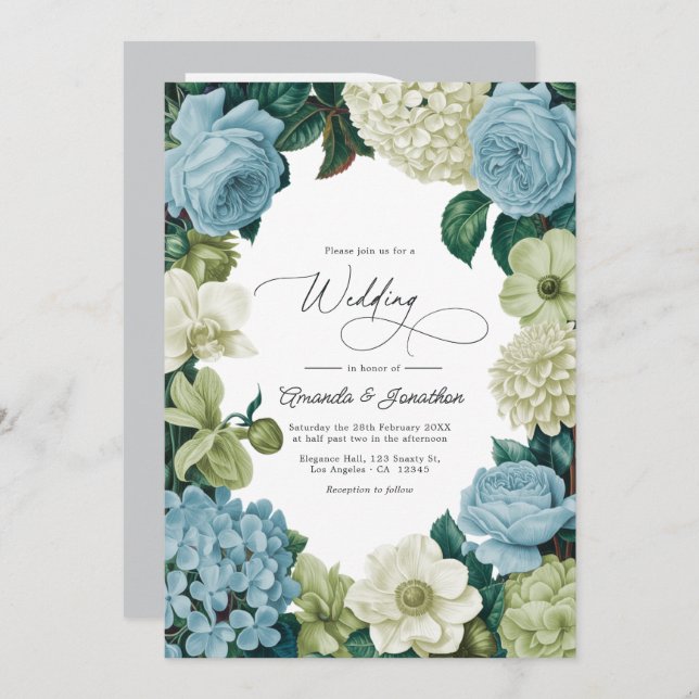 Invitación Porcelain Blue, Soft Sage & Ivory Wedding (Anverso / Reverso)