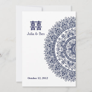 Invitación Porcelana china azul y blanca con doble felicidad