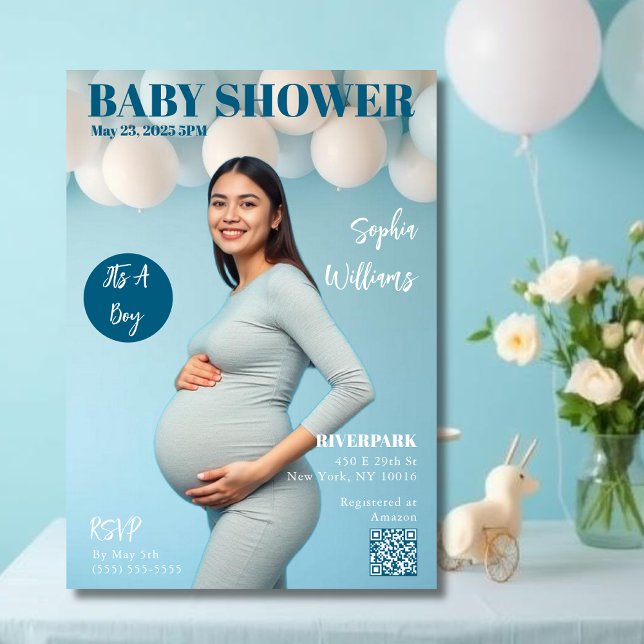 Invitación Portada de Baby Shower Magazine (Baby Shower Magazine Cover Invitation blue )