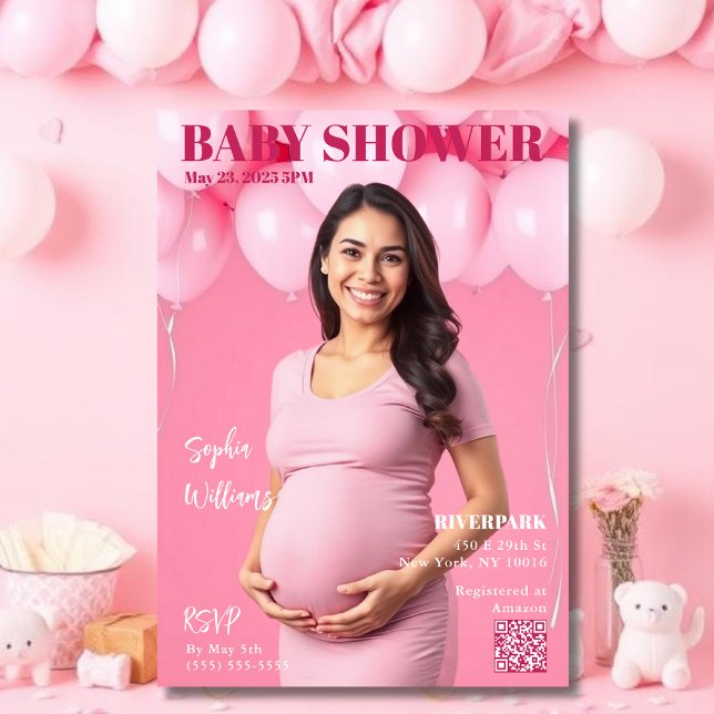Invitación Portada de Baby Shower Magazine (Baby Shower Magazine Cover Invitation Pink with balloons)