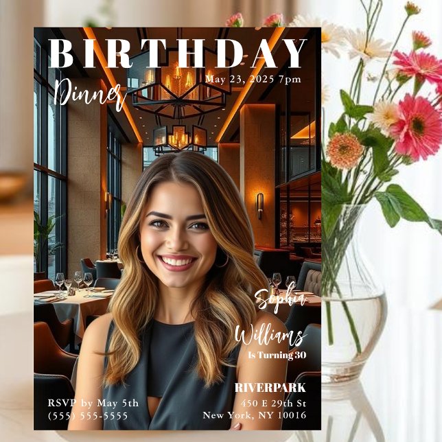 Invitación Portada de la revista Cena de cumpleaños (Magazine Cover Birthday Dinner Invitation-Your own Photo)