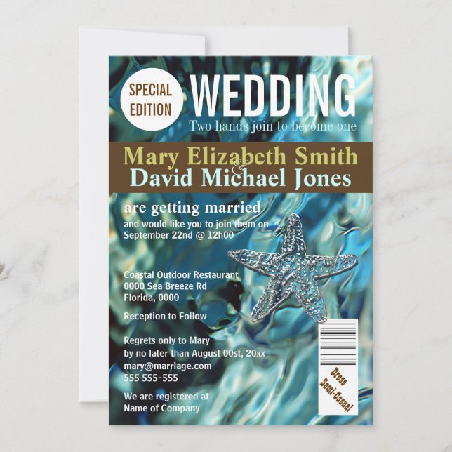 Invitación Portada de la revista | estrella de bodas de playa (Anverso)