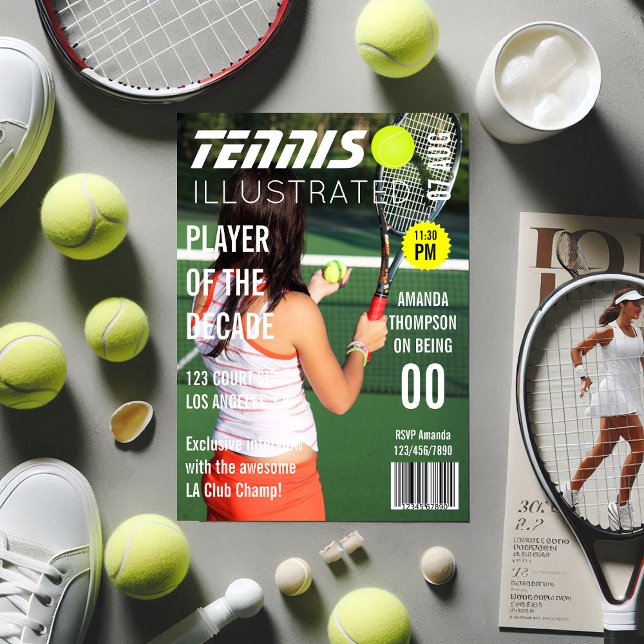 Invitación Portada de la revista Pic Celebrity Tennis Birday  (Magazine Cover Pic Celebrity Tennis Birthday Party Invitation)