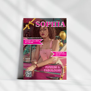 Invitación Portada de la revista rosa y dorada Código QR Quin