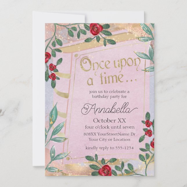 Invitación Portada de libro de cuento de hadas rosa con rosas (Anverso)