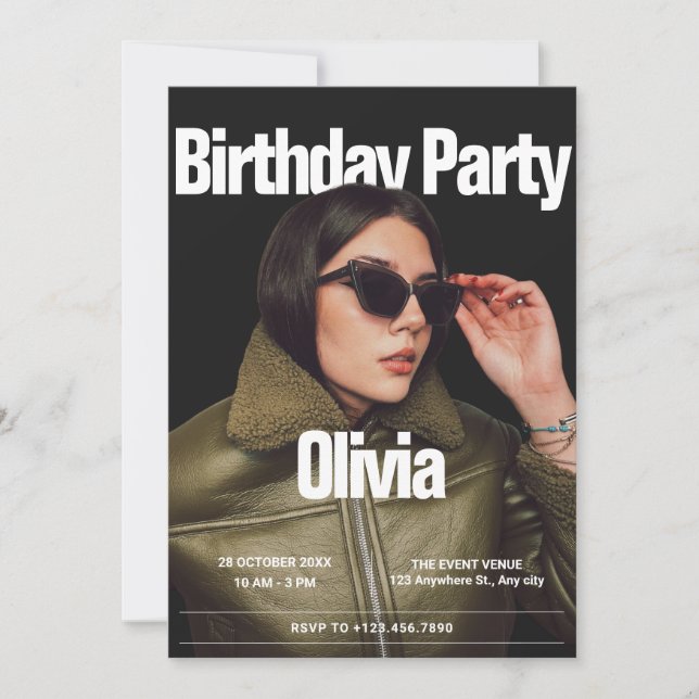 Invitación Portada de moda foto cumpleaños de la revista (Anverso)