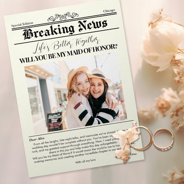 Invitación Portada de periódico de propuesta de dama de honor (Bridesmaid Proposal Newspaper Cover 1 Photo Invitation)