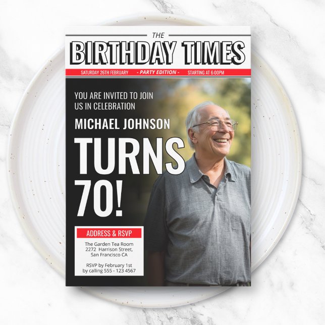Invitación Portada de periódico personalizada moderna con fot (Modern Custom Photo Newspaper Cover 70th Birthday Invitation)