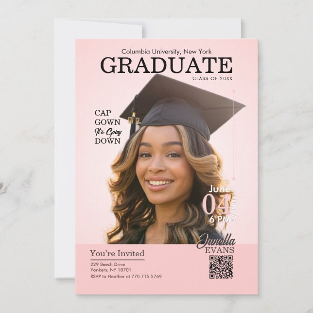 Invitación Portada de Revista Gorro de Graduación Toga Rosa (Anverso)