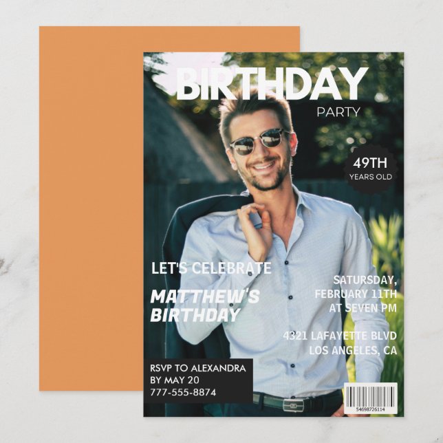 Invitación Portada de revista moderna para él cumpleaños 49 (Anverso / Reverso)