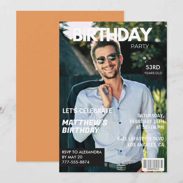 Invitación Portada de revista moderna para él cumpleaños 53 (Anverso / Reverso)