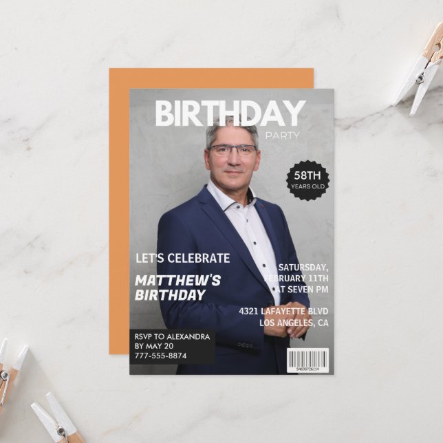 Invitación Portada de revista moderna para él cumpleaños 58 (Anverso/Reverso In Situ)