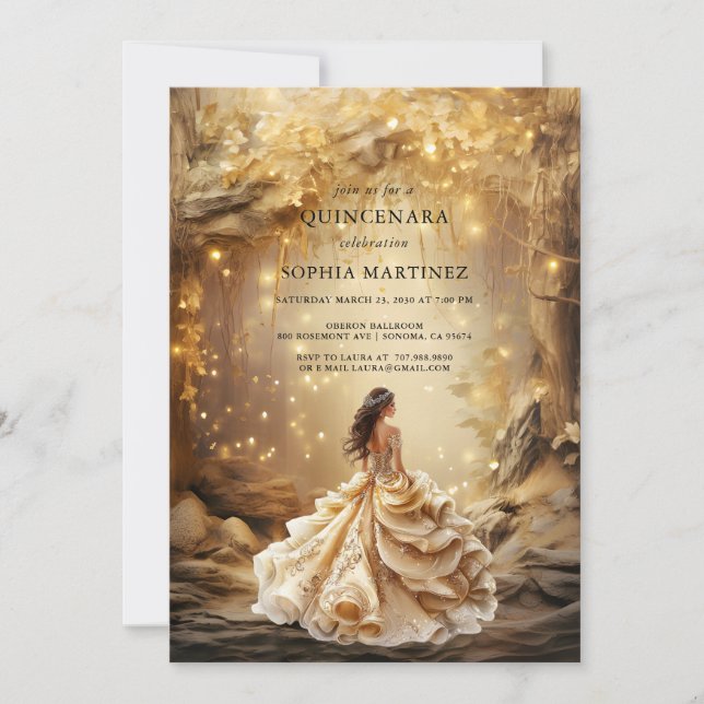 Invitación Portal del bosque de oro encantado de Quinceanera (Anverso)