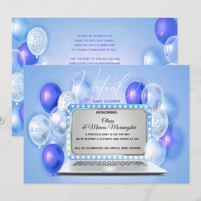 Invitación Portátil azul índigo, pequeña y virtual ducha de b (Anverso / Reverso)