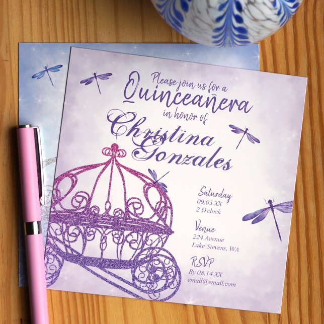 Invitación Porte de caballo púrpura Quinceañera (Purple horse carriage quinceanera princess invitations)