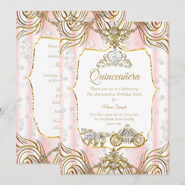 Invitación Porte de la Princesa Quinceanera dorado rosa blanc (Anverso / Reverso)