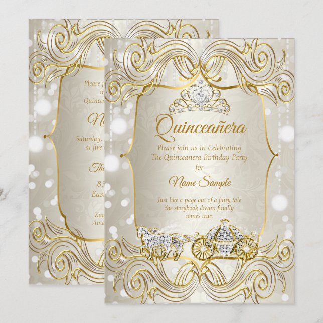 Invitación Porte de quinceanera mágico oro Beige Plata (Anverso / Reverso)