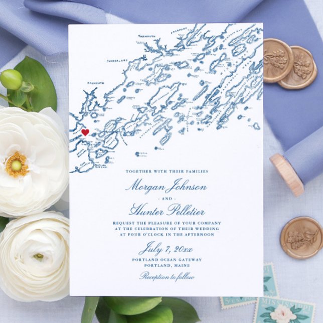 Invitación Portland Maine Casco Bay Elegante Boda de mapa de  (Portland Maine Wedding Invitation with Elegant Navy Blue Casco Bay Map from Coastal Map Designs)