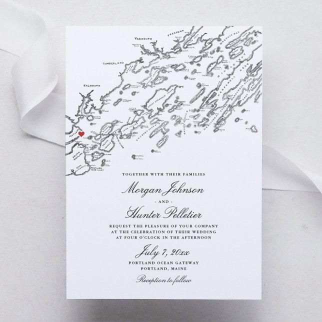 Invitación Portland Maine Elegante Boda de mapas en blanco y  (Portland Maine Elegant Black and White Map wedding invitations)